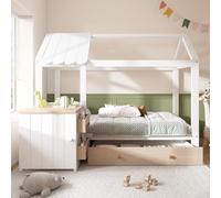 FAYICIC Cama infantil de 90 x 200 cm de madera maciza con cajones y mesita de noche extraíble, cama de suelo en blanco, sin colchón (roble blanco)