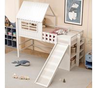 FAYICIC Cama infantil de 90 x 200 cm, diseño de desván con escalera de seguridad y tobogán de seguridad, compartimentos de varios niveles, cama multifunción de madera maciza, cama individual (blanco