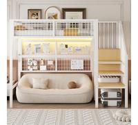 FAYICIC Cama litera de hierro, 90 x 200, cama alta de metal con tiras de luz LED controladas por aplicación, escaleras con espacio de almacenamiento, armario abierto (blanco)