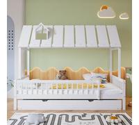 FAYICIC Cama plegable con techo con listón de chimenea, cama infantil, con rejilla de 3 lados, pino y tablero de fibra de densidad media, color blanco, 120 x 200/190 cm