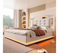 FAYICIC Cama tapizada, 140 x 200 cm, con tira de luz LED, espacio de almacenamiento hidráulico, varios estantes, sin colchón, USB + tipo C, lino (beige)