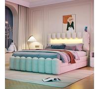 FAYICIC Cama tapizada, 160 x 200 cm, sin colchón, cama tapizada con 4 cajones, cama tapizada con barra de luz LED con USB y sistema estéreo (beige)
