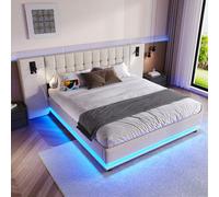 FAYICIC Cama tapizada, 180 x 200 cm, con tira LED, cabecero con foco, con USB, sin colchón, lino (beige)