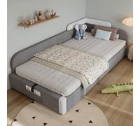 FAYICIC Cama tapizada, cama individual, cama infantil, cama hidráulica con espacio de almacenamiento, valla suave elevada, bolsa de almacenamiento al pie de la cama, terciopelo+madera contrachapada