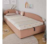 FAYICIC Cama tapizada, cama individual, cama infantil, linda cabecera de conejo, cama hidráulica con espacio de almacenamiento, valla suave elevada, terciopelo, rosa y blanco, 90 x 200 cm (panel