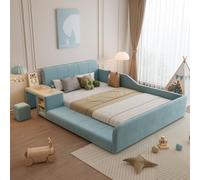 FAYICIC Cama tapizada, cama individual con escritorio infantil y taburete, con estante, cabecero suave, cama infantil con listones de madera, terciopelo, azul, 140 x 200 cm