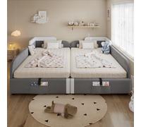 FAYICIC Cama tapizada, Cama infantil combinada, Cama hidráulica con espacio de almacenamiento, Valla suave elevada, Bolsa de almacenamiento al pie de la cama, Terciopelo+madera contrachapada, gris