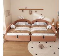FAYICIC Cama tapizada, cama infantil combinada, linda cabecera de conejo, cama hidráulica con espacio de almacenamiento, valla suave elevada, terciopelo, rosa+blanco, 90 x 200 cm x 2 (combinado)