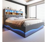 FAYICIC Cama tapizada de 180 × 200 con espacio de almacenamiento hidráulico, cinta de luz LED controlada por aplicación, puerto de carga USB, rejilla de metal, acolchado de lino (gris)