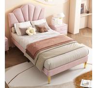 FAYICIC Cama tapizada de terciopelo, 90 x 200 cm, cama tipo concha con patas de hierro doradas, cabecero de altura regulable, somier de láminas de madera (rosa)