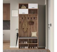 FAYICIC Juego completo de perchero con asiento, 5 ganchos, 2 puertas y 6 trasteros abiertos, color madera natural y blanco, 80 x 185 x 35 cm (ancho x alto x profundidad)