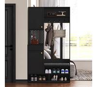 FAYICIC Juego completo de perchero con banco, 4 ganchos, puertas y cajones, tamaño compacto 100 x 180 x 35 cm (ancho x alto x profundidad), color negro
