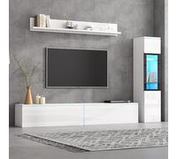 FAYICIC Juego de 3 muebles de salón para TV, iluminación LED, color blanco brillante, mueble de salón, pared frontal, color blanco, 1 armario para TV, 1 vitrina de salón, 1 estante colgante (A)