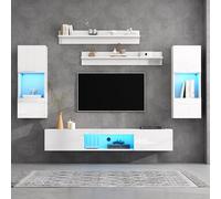 FAYICIC Juego de 5 muebles de salón con iluminación LED, color blanco brillante, con 1 armario de TV, 2 armarios, 2 estantes colgantes, para TV de 70 pulgadas