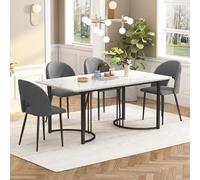 FAYICIC Juego de comedor, 140 x 80 cm, mesa de comedor con 4 sillas, silla de comedor de terciopelo con estampado de diamantes, patas de mesa ajustables, tablero de fibra de densidad media en blanco,