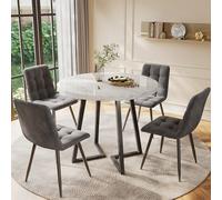 FAYICIC Juego de mesa de comedor (5 piezas) con 4 sillas, mesa redonda de cocina de 80 cm de diámetro y patas de metal negro, tablero DM blanco, sillas de terciopelo gris oscuro (B)