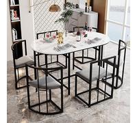 FAYICIC Juego de mesa de comedor de seis sillas: (mesa blanca, sillas con respaldo y tapicería gris),mesa de comedor y juego de sillas, combinación moderna de mesa de comedor (marco de hierro negro)