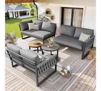 FAYICIC Juego de muebles de jardín con patas ajustables, cojines impermeables y extraíbles, juego de salón de jardín para 5 - 6 personas, para jardín, terraza, incluye todos los cojines de asiento y