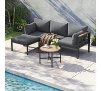 FAYICIC Juego de muebles de jardín, esquinero, sofá, mesa de café, reposapiés, tubo de acero galvanizado, mesa de cristal, apto para jardines, piscinas, color gris