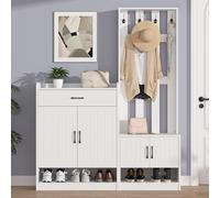 FAYICIC Juego de perchero blanco 140,6 x 32 x 180 cm, perchero de pasillo+zapatero, mate, muebles de pasillo, perchero para pasillo, juego de cambio de zapatos