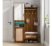 FAYICIC Juego de perchero con espejo, 6 ganchos dorados, zapatero, perchero de pared, compartimento de almacenamiento superior, banco y luces LED de 16 colores (B)