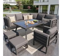 FAYICIC Juego de sofá de jardín en forma de media luna para 8 personas/estructura de hierro resistente con cojines grises/Completo con mesa de cristal, 1 sillón y 2 taburetes/muebles de terraza para