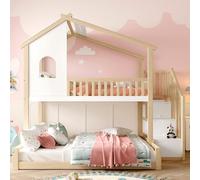 FAYICIC Litera, 90 x 200 cm+140 x 200 cm, barandilla, escalera de almacenamiento, ventana, listón de casa, color natural + blanco