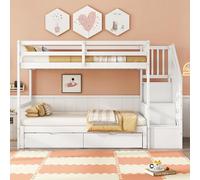 FAYICIC Litera 90 x 200 cm, cama nido con somier (sin colchón), escalones almacenables, dos cajones, madera de pino, minimalista, color blanco