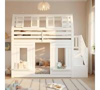 FAYICIC Litera, cama alta, cama infantil, cama de madera, cama de casa, 90 x 200 cm, con LED, protección contra caídas y escalera, forma de ventana, color blanco