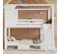 FAYICIC Litera, cama infantil con barandilla, con mesa, zapatero con cuatro compartimentos, amplio espacio de almacenamiento, tres niveles, madera de pino+MDF+madera contrachapada, blanco, 90 x 200 cm
