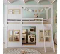 FAYICIC Litera, cama infantil, con bonitas ventanas, escalera estable, con cercado de cuatro lados, pino + MDF + madera contrachapada, blanco y natural, 90 x 200 cm