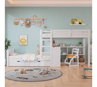 FAYICIC Litera, cama infantil, con escalera de 3 niveles, somieres estables, estante abierto, diseño de valla de seguridad, dos cajones, con escritorio, pino+MDF, blanco, 90 x 200 cm