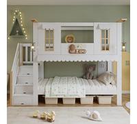 FAYICIC Litera, cuna, escalera de almacenamiento, borde ondulado, con dos piezas de fieltro para decoración, decoraciones colgantes, pino + MDF + madera contrachapada, blanco y natural, 90 x 200 cm