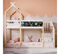 FAYICIC Litera de 90 × 200, diseño de casa del árbol con pizarra, con almacenamiento y protección anticaídas, cama alta para niños, 2 somieres, natural y blanco (sin colchón)