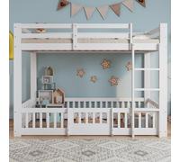 FAYICIC Litera de madera de pino + LVL, con escalera en ángulo recto, con barandilla y puerta, con protección contra caídas, espacio libre debajo de la cama, 90 x 200 cm (blanco)