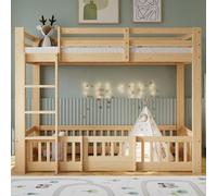 FAYICIC Litera de madera de pino + LVL, con escalera en ángulo recto, con barandilla y puerta, con protección contra caídas, espacio libre debajo de la cama, 90 x 200 cm (natural)