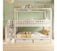 FAYICIC Litera para cama infantil, 90 x 200 cm, madera maciza, diseño de barandilla de seguridad, con compartimento de almacenamiento y escalera de seguridad, color blanco, para niños y niñas