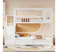FAYICIC Litera para cama infantil, 90 x 200 cm, madera maciza, forma de casa con ventanas, diseño de valla de seguridad, con cajones de almacenamiento y escalera de seguridad, color blanco
