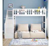 FAYICIC Litera para niños de 90 x 200 cm con escalera, cama alta de madera maciza con barandilla de seguridad, decoración de estrellas y luna (blanco)