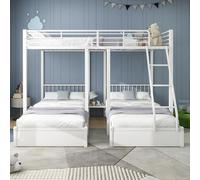 FAYICIC Litera triple con cajones, marco de cama de metal, convertible en cama doble de 140 x 200 cm y dos camas individuales de 90 x 200 cm, cama de metal multifuncional (blanco)