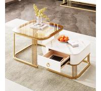 FAYICIC Mesa de centro apilable: aspecto de mármol brillante, detalles dorados, mesa auxiliar con cajones. Juego de dos piezas (blanco y dorado y marrón té)
