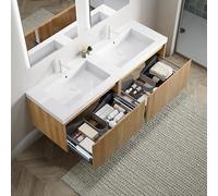 FAYICIC Mueble de baño de 140 cm con 2 lavabos rectangulares blancos de resina, armario de madera contrachapada a rayas con 2 cajones, grano de madera natural (140 x 46 x 50 cm)