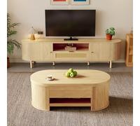 FAYICIC Mueble de TV moderno, cajones de ratán, compartimentos abiertos, mesa redondeada, patas de metal efecto madera, muebles de sala de estar multifuncionales (juego B)