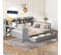 FAYICIC Sofá cama de madera maciza, 140 x 200 cm, con estantería, estantes y estantes, con enchufe, cama doble de madera multifuncional (gris)
