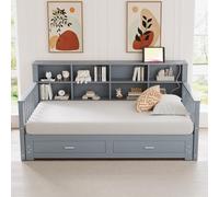 FAYICIC Sofá cama extensible de madera maciza, 90/180 x 190 cm, armario de almacenamiento con enchufe en el pasamanos laterales, con 2 cajones y somier de listones, color gris
