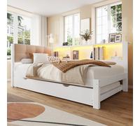 FAYICIC Sofá cama individual de 90 x 200 cm (sin colchón), con cama nido con tira de luz LED regulable, con puerto USB, 90 x 200 cm, pino blanco