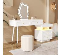 FAYICIC Tocador con espejo LED e iluminación - Juego de tocador blanco para dormitorio con 4 cajones espaciosos y 1 compartimento de almacenamiento abierto, color blanco, dimensiones: B140/T40/H130 cm
