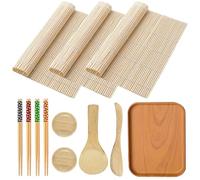 Fayskpwe Juego de sushi de bambú de 12 piezas - 3 esteras, 4 pares de palillos, 2 cuencos para vinagre, 1 cuchillo de bambú, 1 cuchara de arroz + 1 plato | Herramientas de bricolaje para amantes del