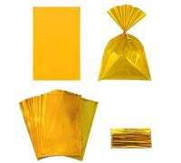 FAZHBARY 100 bolsas de celofán doradas para festividades, bolsas de celofán para fiestas, bolsas de dulces de 6 x 9 pulgadas, bolsas de golosinas con lazos