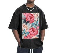 FBGHHTY Bonita camiseta con estampado de flores y mariposas, propiedades que absorben la humedad, mantienen el movimiento fácil, relajada, ligera, Negro, L